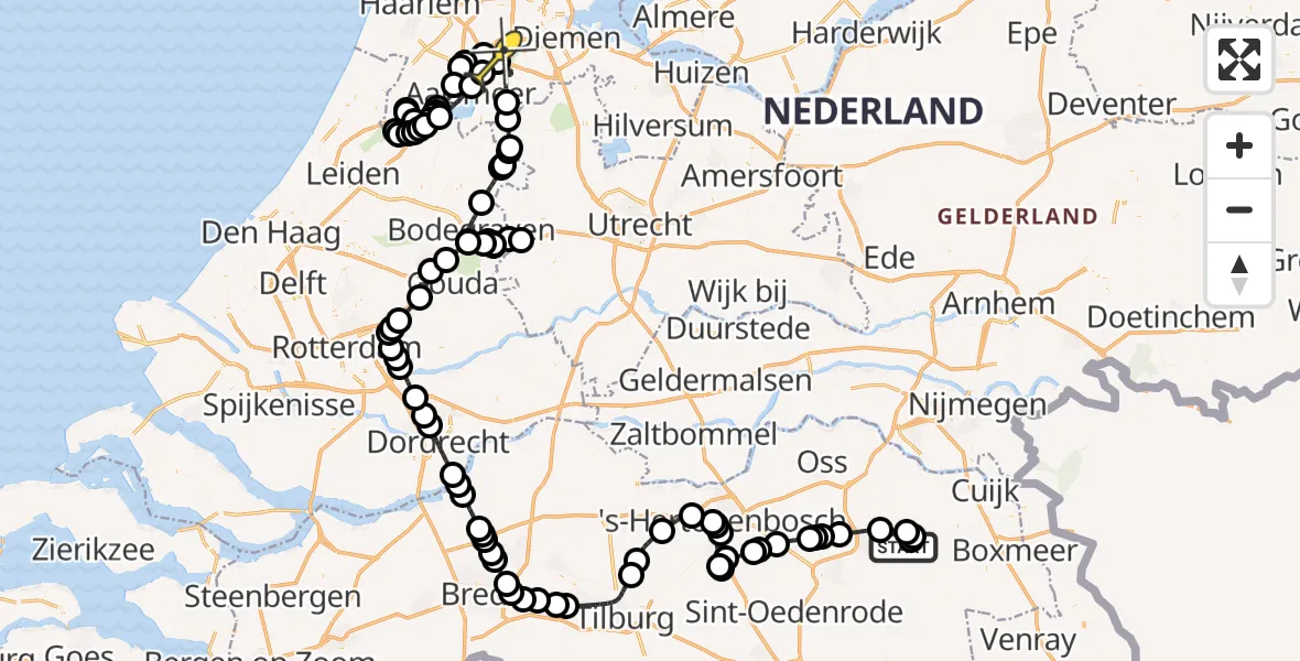 Vluchtroute Politiehelikopter van Vliegbasis Volkel naar Schiphol
