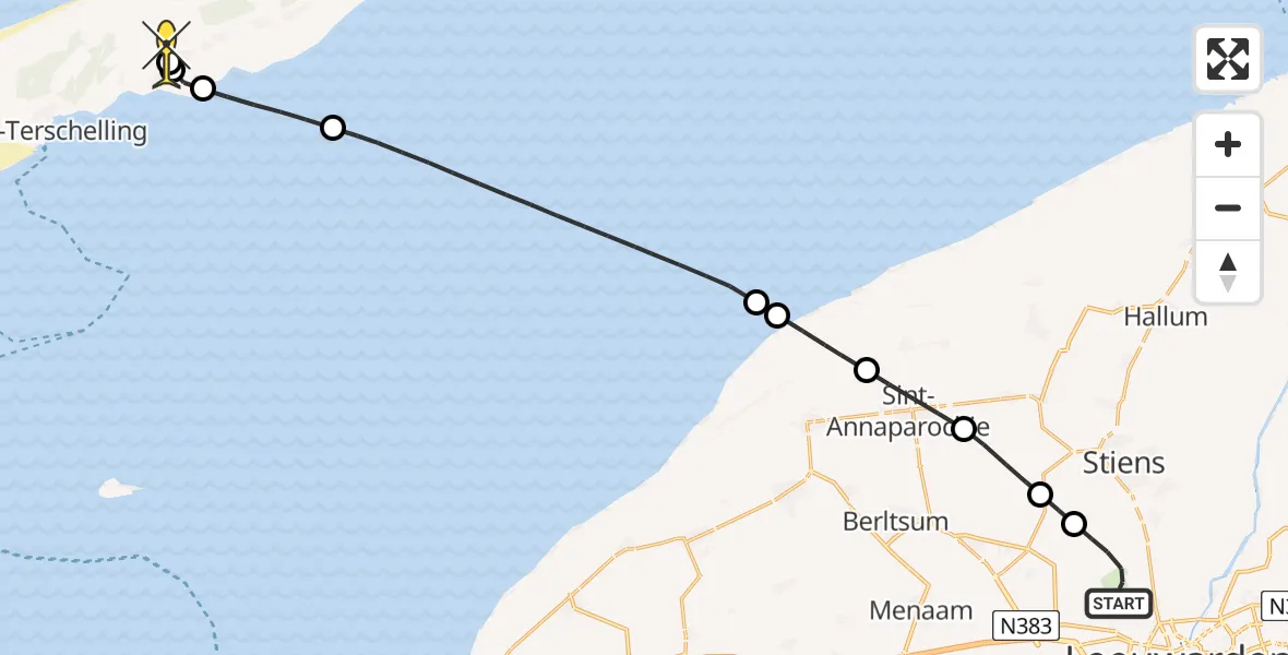 Routekaart van de vlucht: Ambulancehelikopter naar Midsland, Keegsdijkje