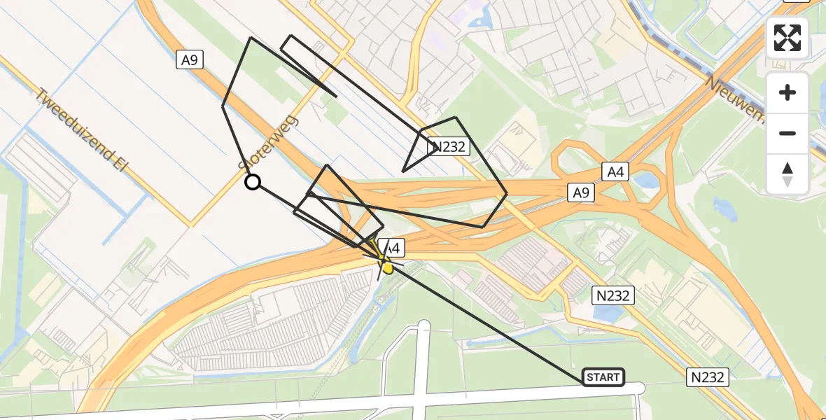 Routekaart van de vlucht: Politiehelikopter naar Badhoevedorp, Sloterweg