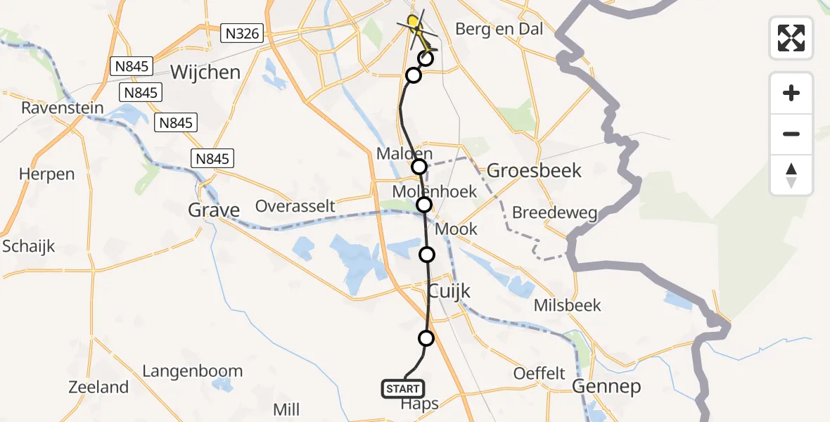 Routekaart van de vlucht: Lifeliner 3 naar Radboud Universitair Medisch Centrum, Laarakkersche Waterleiding