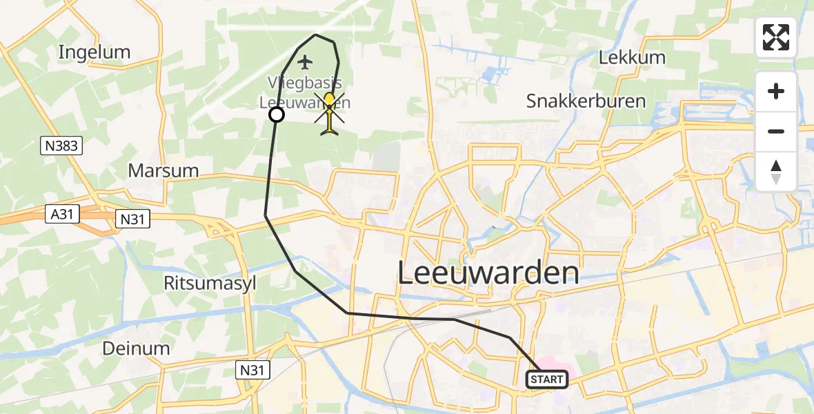Routekaart van de vlucht: Ambulancehelikopter naar Vliegbasis Leeuwarden, Wijnhornsterstraat