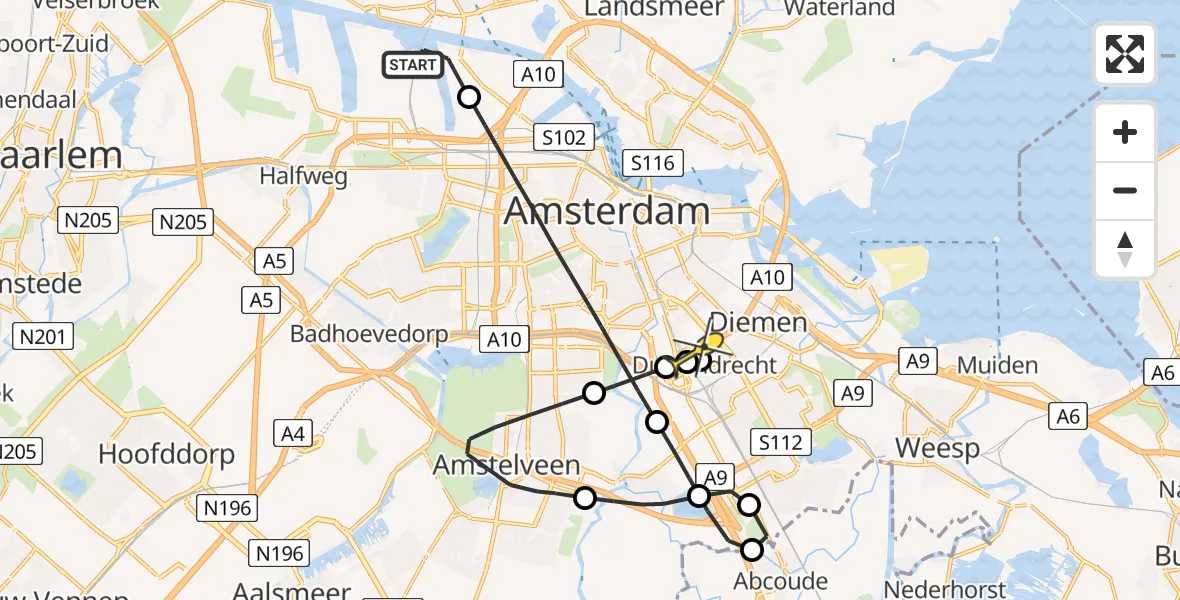 Routekaart van de vlucht: Lifeliner 1 naar Amsterdam-Duivendrecht, Westhavenweg