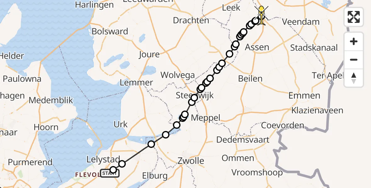 Routekaart van de vlucht: Traumaheli naar Groningen Airport Eelde, Larserweg