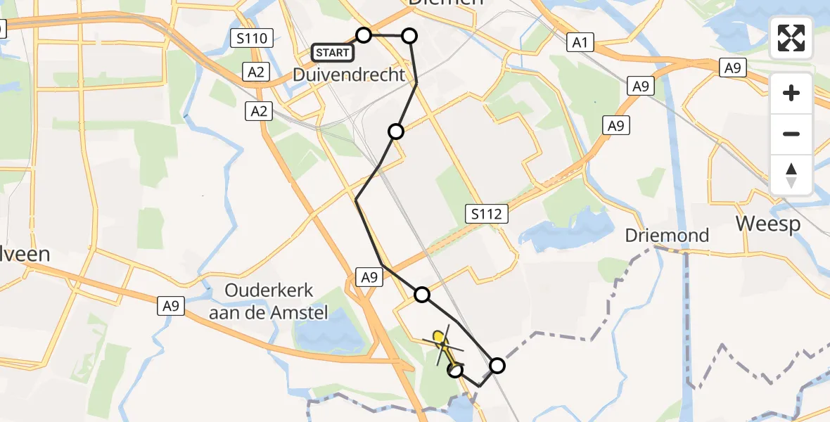 Routekaart van de vlucht: Lifeliner 1 naar Academisch Medisch Centrum (AMC), Roggekamp