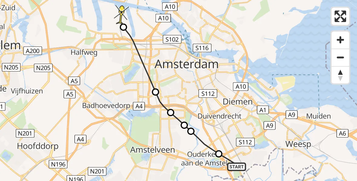 Routekaart van de vlucht: Lifeliner 1 naar Amsterdam Heliport, Snijdersbergweg