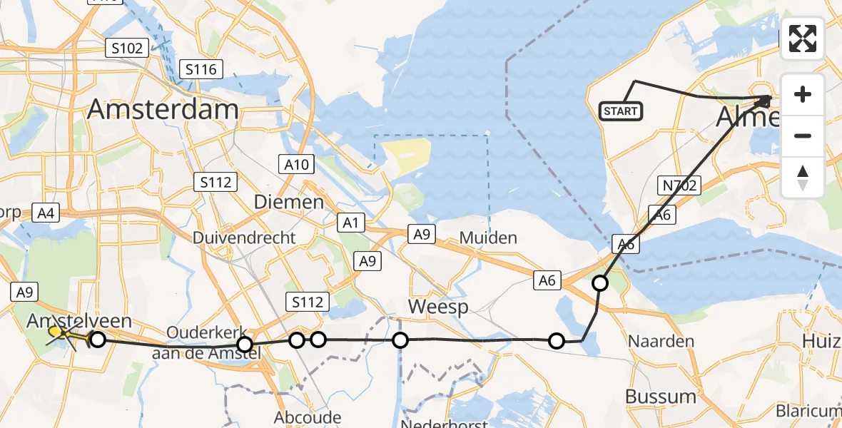 Routekaart van de vlucht: Politiehelikopter naar Amstelveen, Pampushavenweg