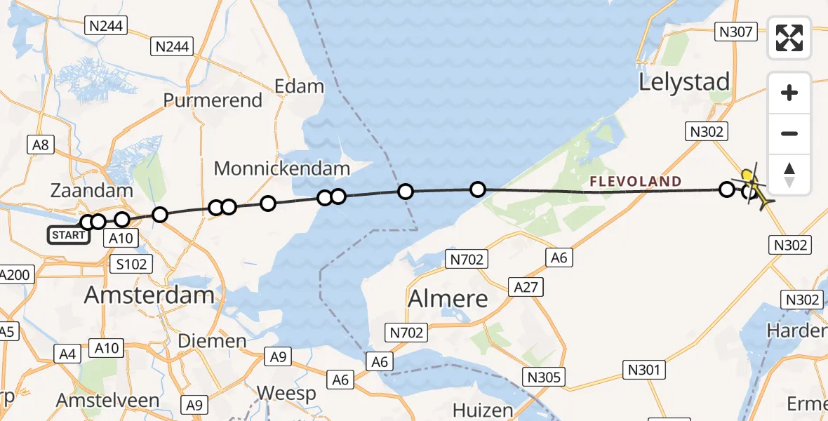 Routekaart van de vlucht: Lifeliner 1 naar Lelystad, Belangenvereniging tuinders Zaanderhorn