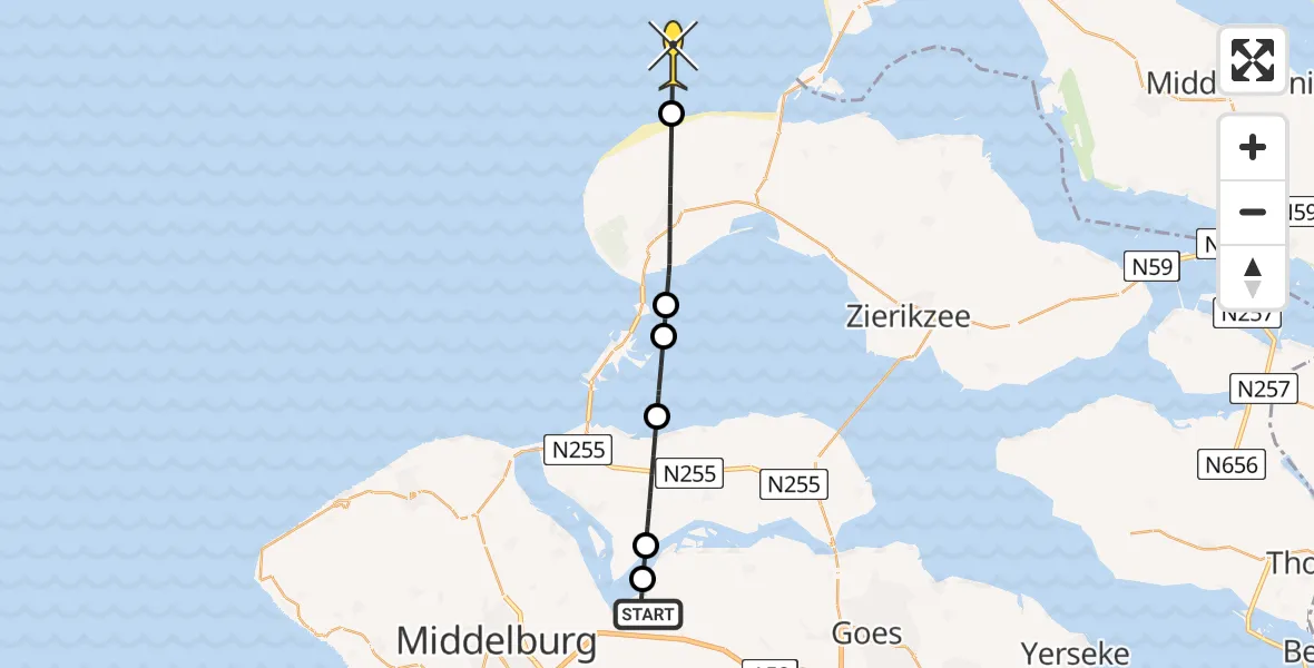 Routekaart van de vlucht: Kustwachthelikopter naar De Omloop