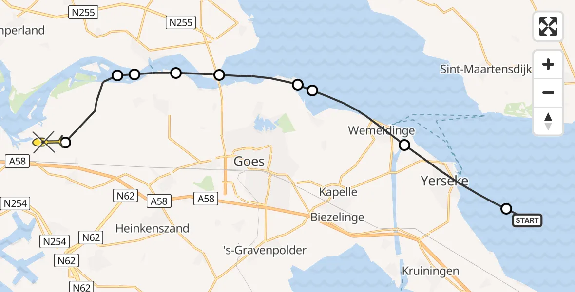 Routekaart van de vlucht: Politieheli naar Vliegveld Midden-Zeeland, Calandweg