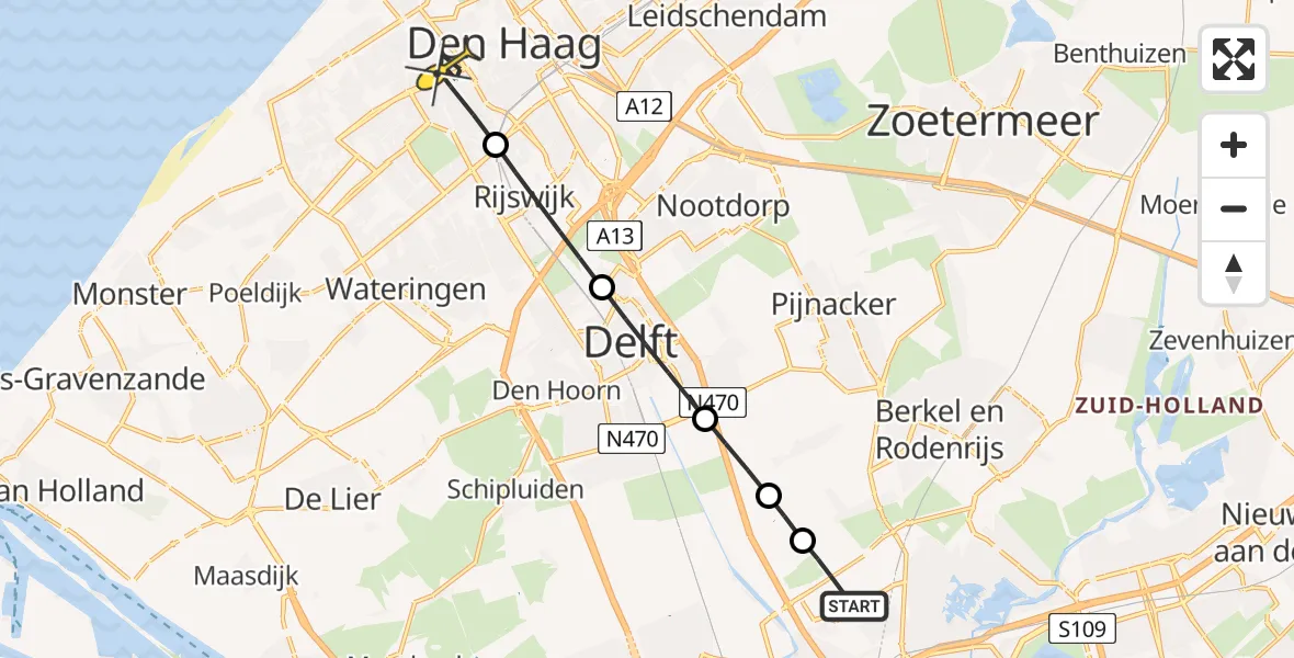 Routekaart van de vlucht: Lifeliner 2 naar Den Haag, Schieveense polder