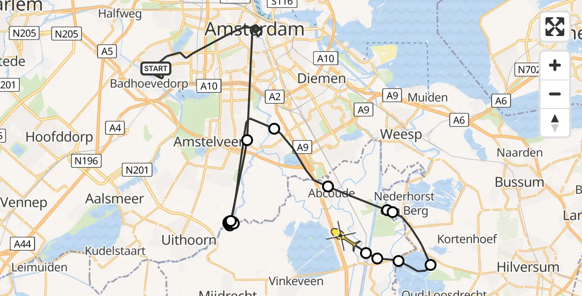 Routekaart van de vlucht: Politiehelikopter naar Baambrugge, Cycladenlaan