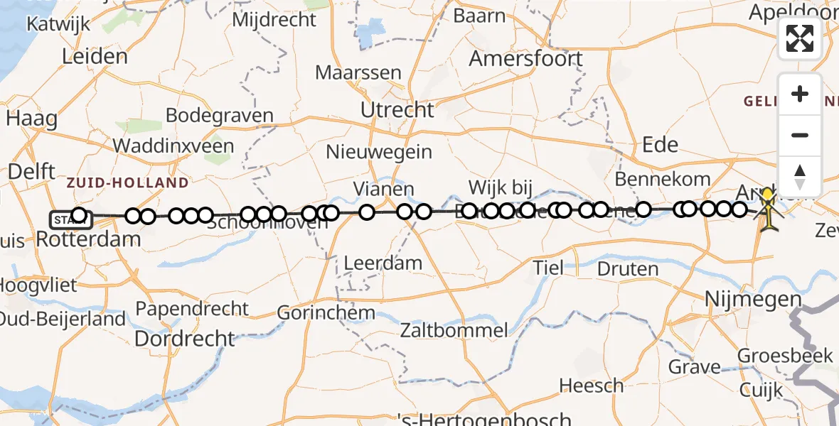 Routekaart van de vlucht: Lifeliner 2 naar Arnhem, Hoog Zestienhoven