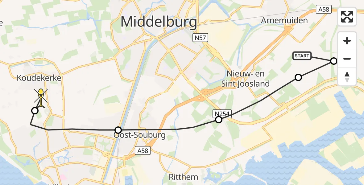 Routekaart van de vlucht: Politiehelikopter naar Koudekerke, Binnendijk