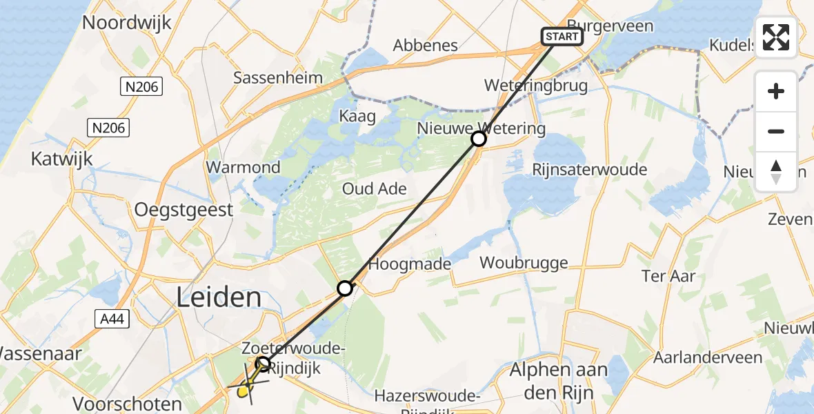 Routekaart van de vlucht: Politiehelikopter naar Zoeterwoude, Voorweg