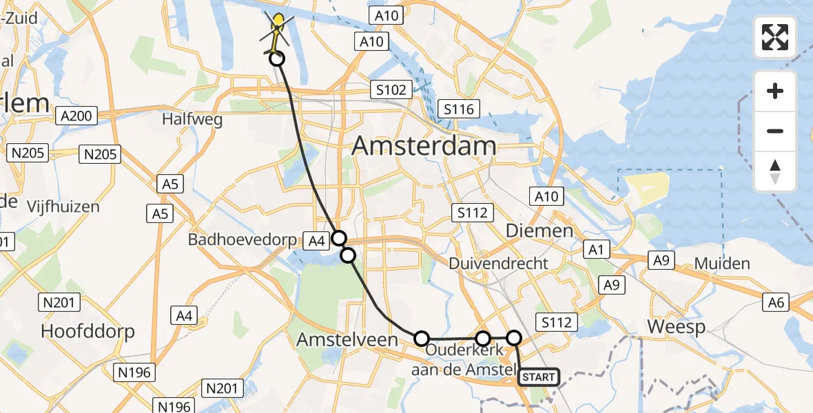 Routekaart van de vlucht: Lifeliner 1 naar Amsterdam Heliport, Stekkenbergweg