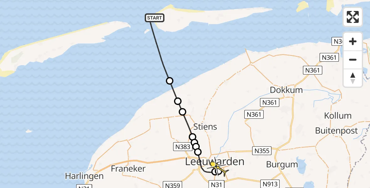 Routekaart van de vlucht: Ambulanceheli naar Leeuwarden, strandroute