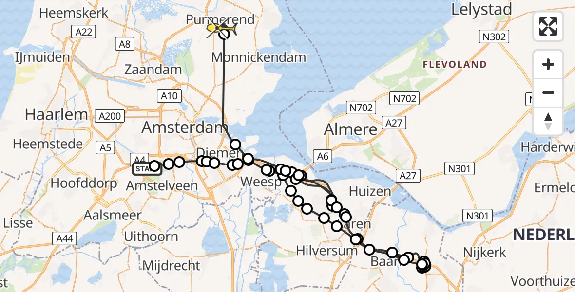 Routekaart van de vlucht: Politiehelikopter naar Purmerend, Bosbaanweg