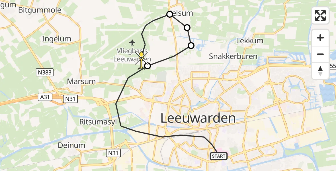 Routekaart van de vlucht: Ambulanceheli naar Vliegbasis Leeuwarden, Wijnhornsterstraat