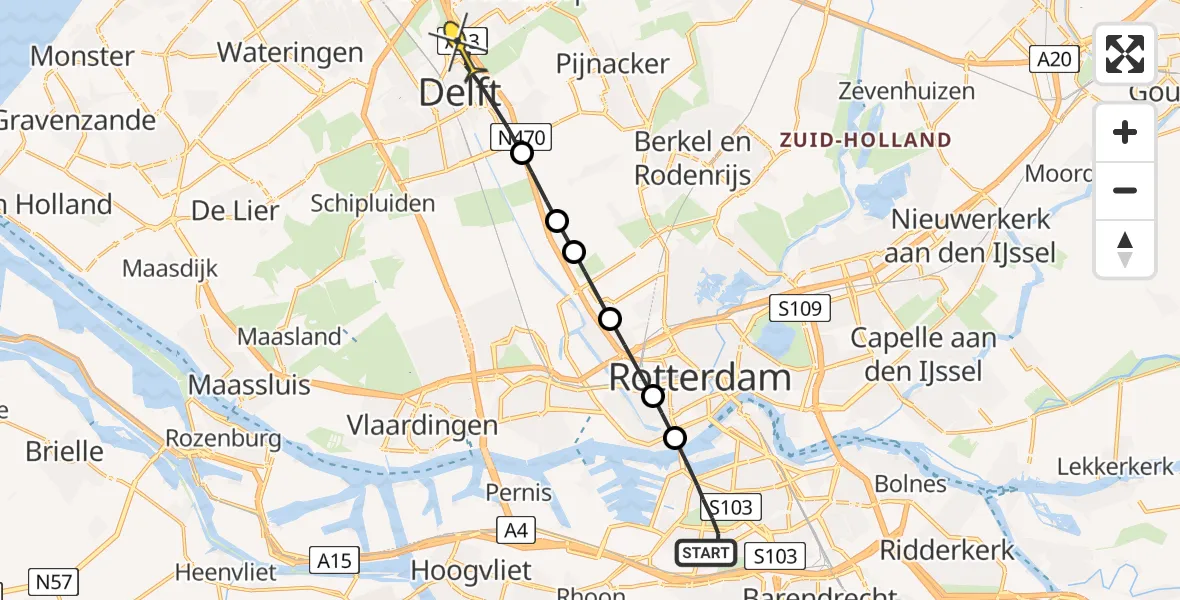Routekaart van de vlucht: Lifeliner 2 naar Delft, Zuiderparkweg