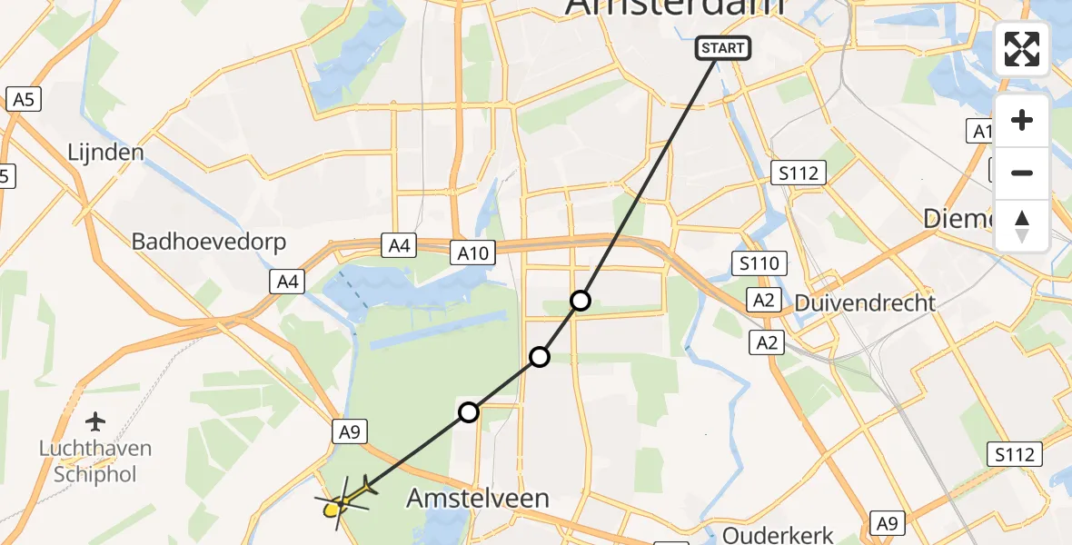 Routekaart van de vlucht: Politiehelikopter naar Amstelveen, Gijsbrecht van IJselsteinstraat