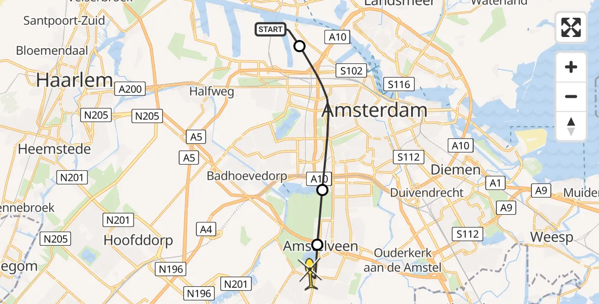 Routekaart van de vlucht: Lifeliner 1 naar Amstelveen, Westhavenweg