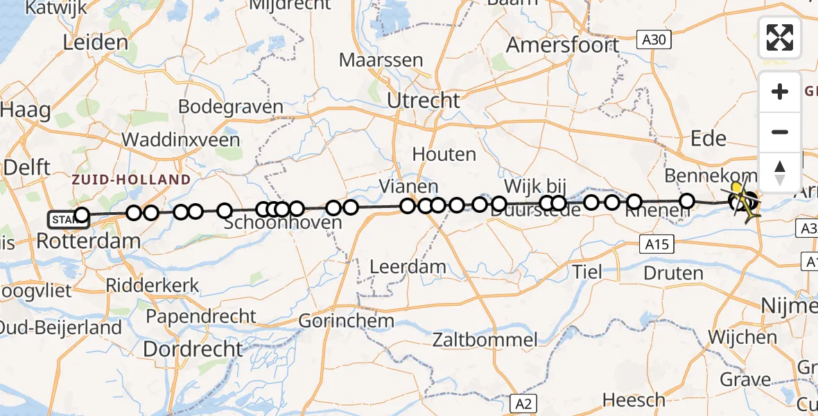 Routekaart van de vlucht: Politiehelikopter naar Renkum, Bovendijk
