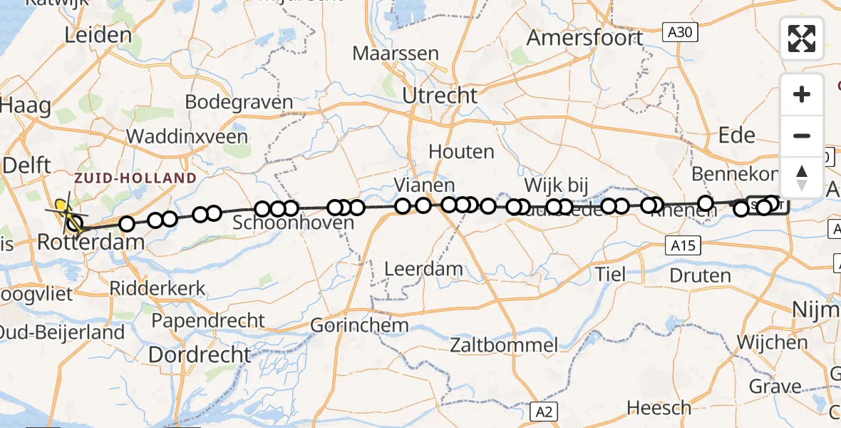 Routekaart van de vlucht: Politiehelikopter naar Rotterdam The Hague Airport, Renkumse Veerweg