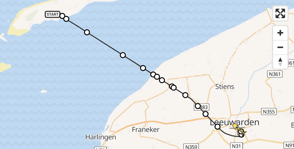 Routekaart van de vlucht: Ambulancehelikopter naar Leeuwarden, Landerum
