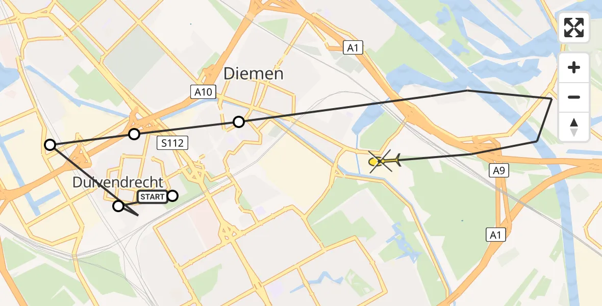 Routekaart van de vlucht: Politiehelikopter naar Diemen, Meidoornstraat