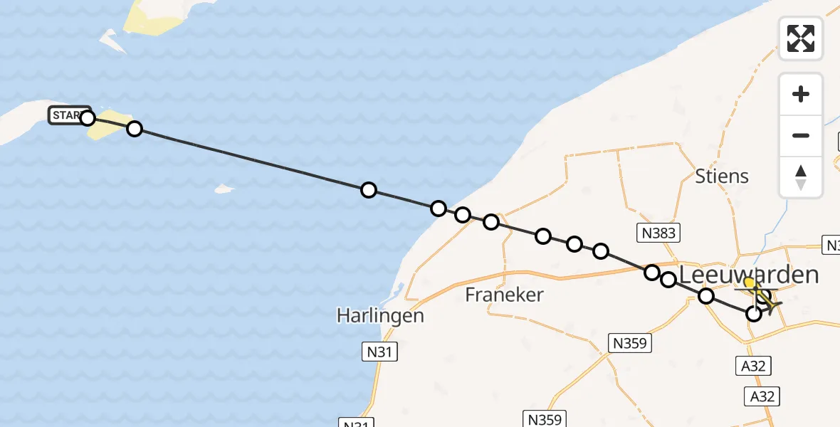 Routekaart van de vlucht: Ambulancehelikopter naar Leeuwarden, Vliesloot