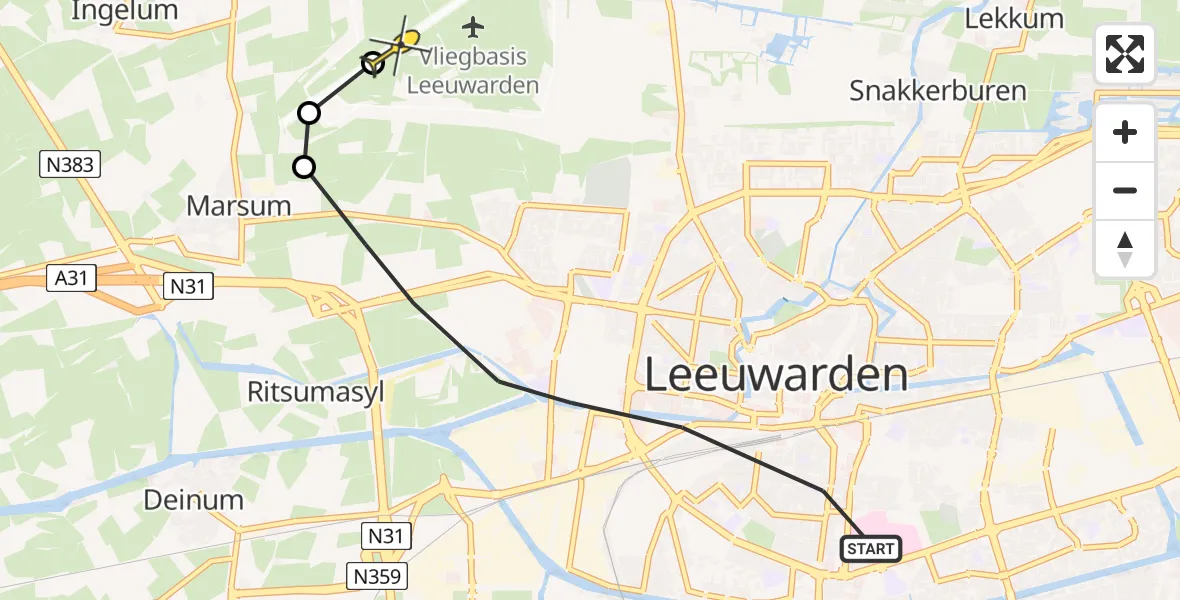 Routekaart van de vlucht: Ambulancehelikopter naar Vliegbasis Leeuwarden, Aldlânsdyk