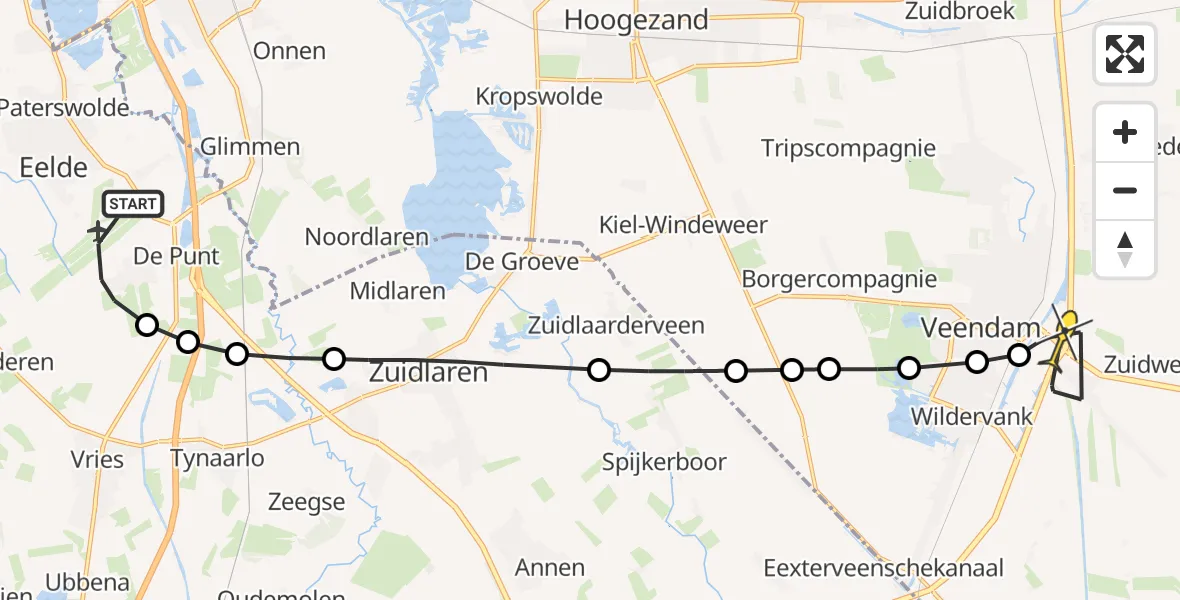 Routekaart van de vlucht: Lifeliner 4 naar Veendam, Moespot