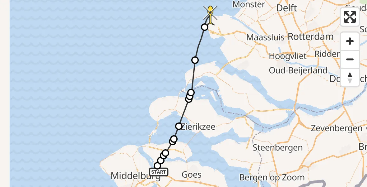 Routekaart van de vlucht: Kustwachthelikopter naar Maasvlakte, Calandweg