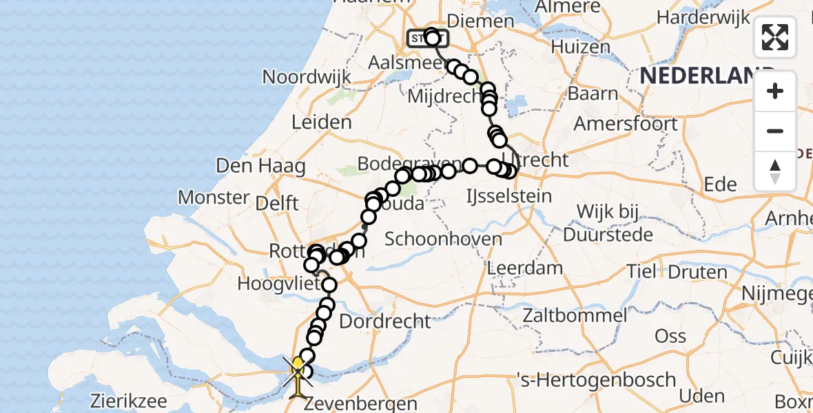 Routekaart van de vlucht: Politieheli naar Willemstad, Kraayveldstraat
