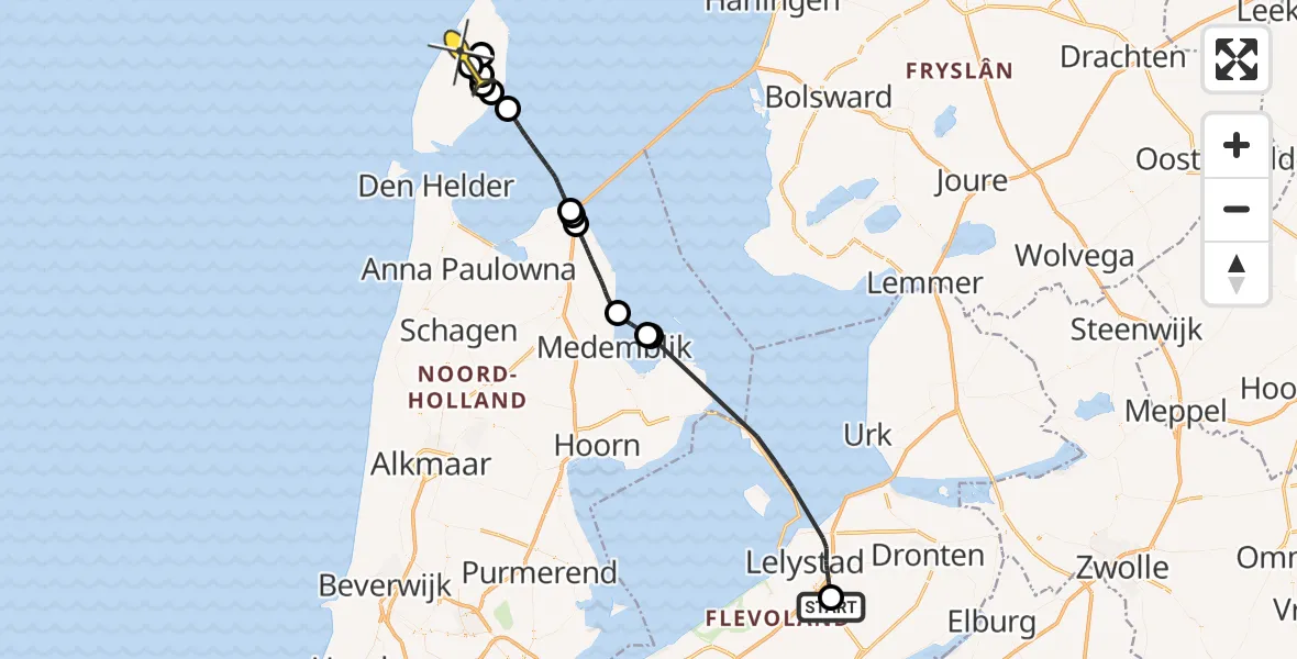 Routekaart van de vlucht: Politiehelikopter naar De Cocksdorp, Uilentocht