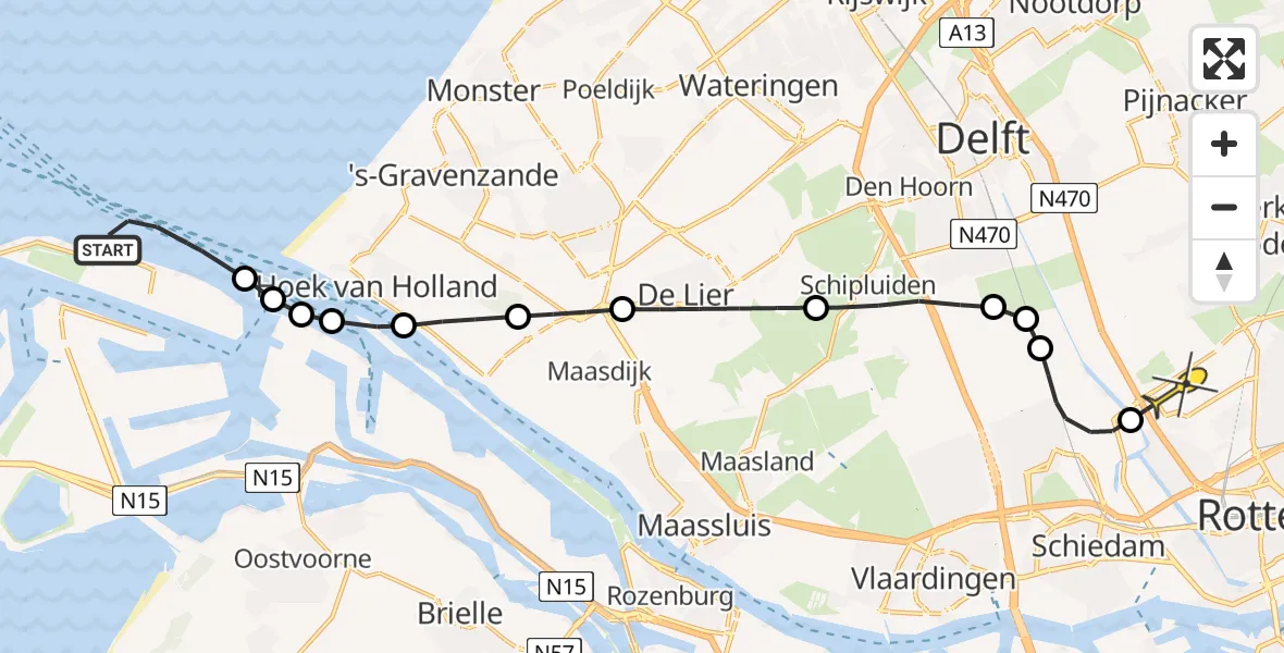 Routekaart van de vlucht: Kustwachthelikopter naar Rotterdam The Hague Airport, Prinses Máximaweg