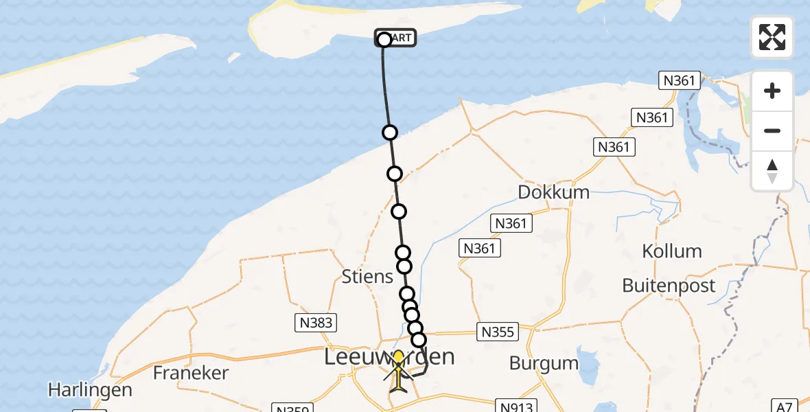 Routekaart van de vlucht: Ambulanceheli naar Leeuwarden, Slattendijksweg