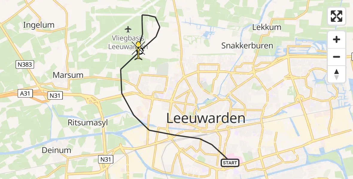 Routekaart van de vlucht: Ambulanceheli naar Vliegbasis Leeuwarden, Wijnhornsterstraat