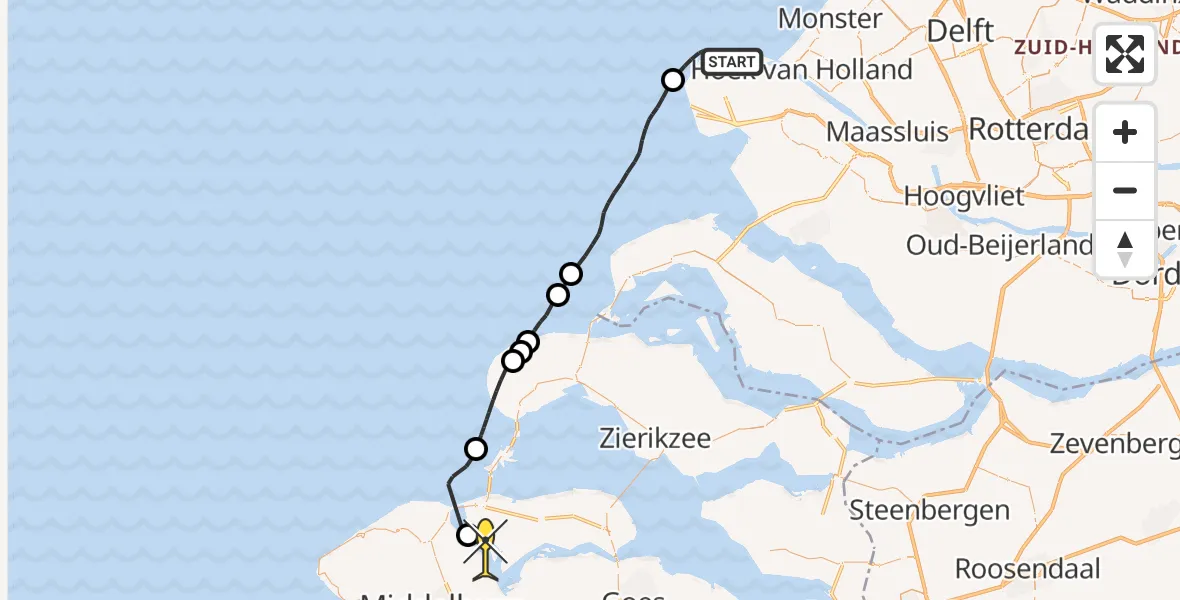 Routekaart van de vlucht: Kustwachthelikopter naar Veere, Prinses Máximaweg