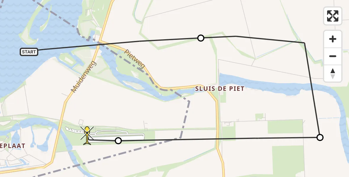 Routekaart van de vlucht: Kustwachthelikopter naar Vliegveld Midden-Zeeland, Batterijweg