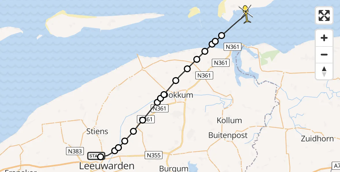 Routekaart van de vlucht: Ambulancehelikopter naar Schiermonnikoog, De Skieding