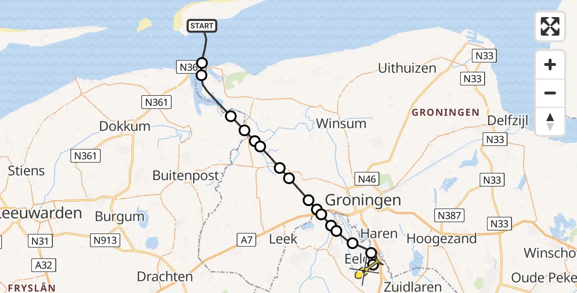 Routekaart van de vlucht: Ambulancehelikopter naar Groningen Airport Eelde, Geul van Brakzand