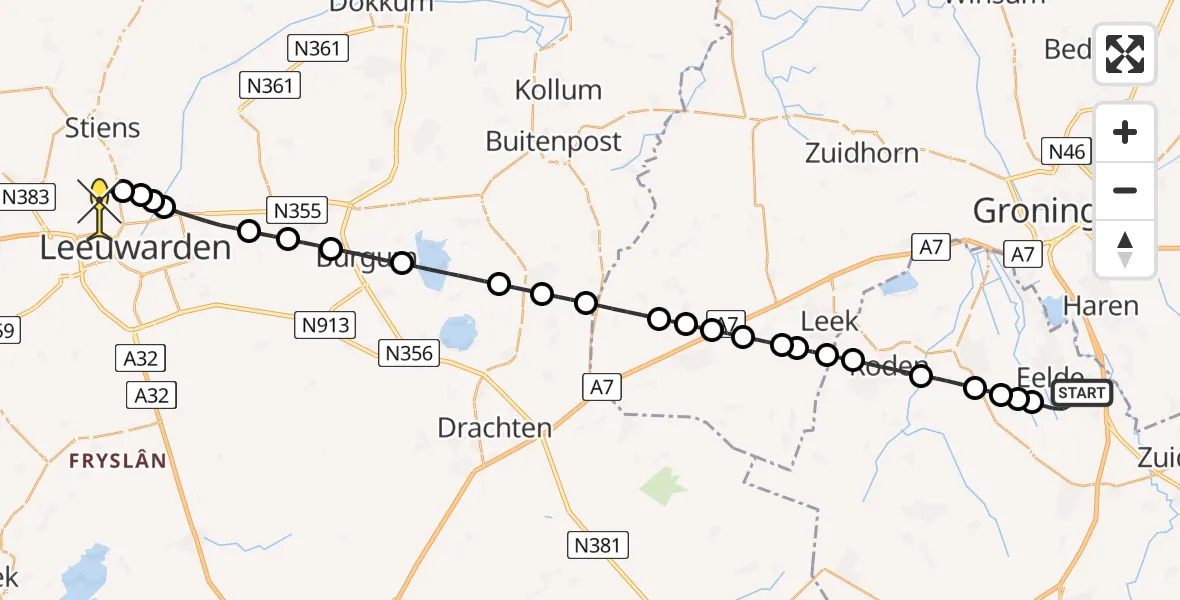 Routekaart van de vlucht: Ambulancehelikopter naar Vliegbasis Leeuwarden, Lugtenbergerweg