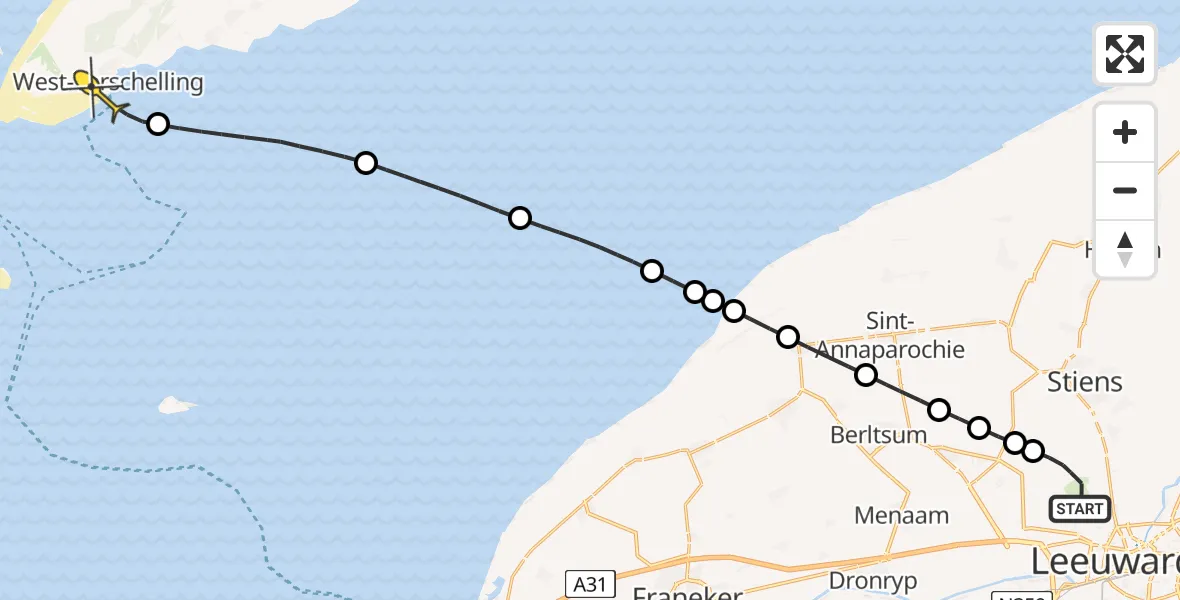 Routekaart van de vlucht: Ambulanceheli naar West-Terschelling, Keegsdijkje