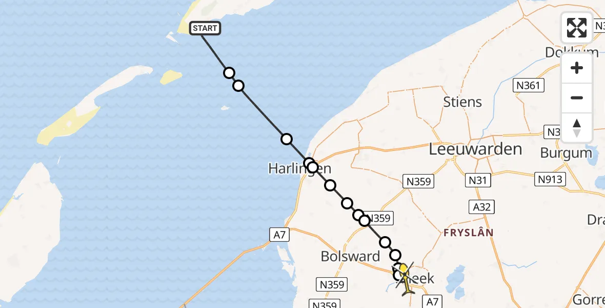 Routekaart van de vlucht: Ambulancehelikopter naar Sneek, Noordsvaarder