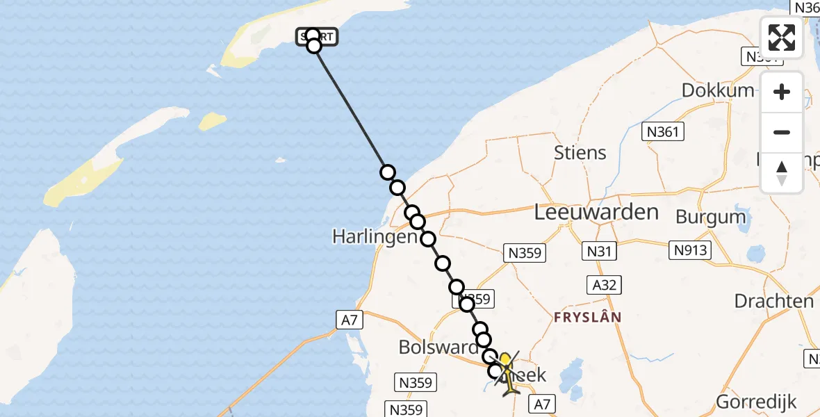 Routekaart van de vlucht: Ambulancehelikopter naar Sneek, 't Sehaal