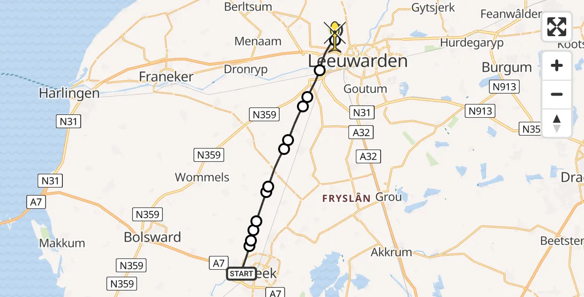 Routekaart van de vlucht: Ambulanceheli naar Vliegbasis Leeuwarden, Kleasterwei
