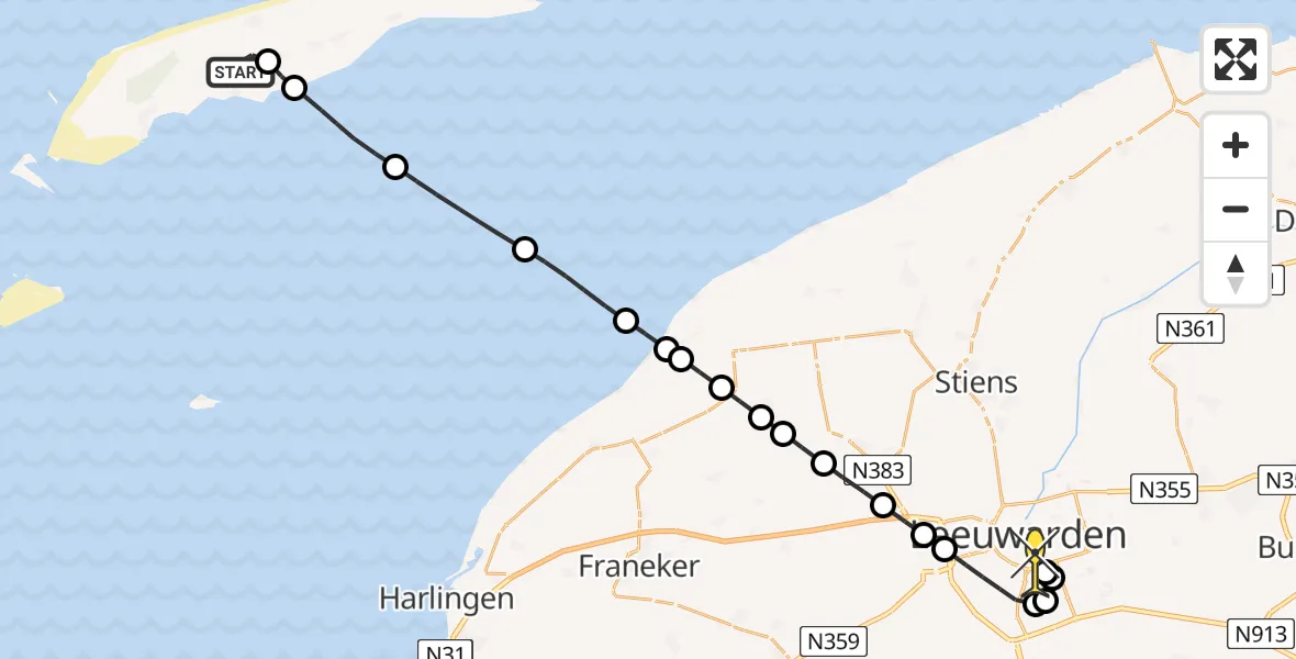 Routekaart van de vlucht: Ambulanceheli naar Leeuwarden, Noordlandweg