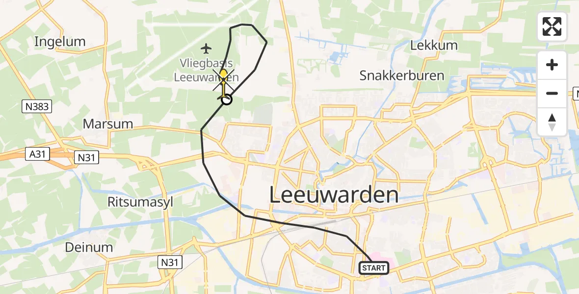 Routekaart van de vlucht: Ambulanceheli naar Vliegbasis Leeuwarden, Wijnhornsterstraat