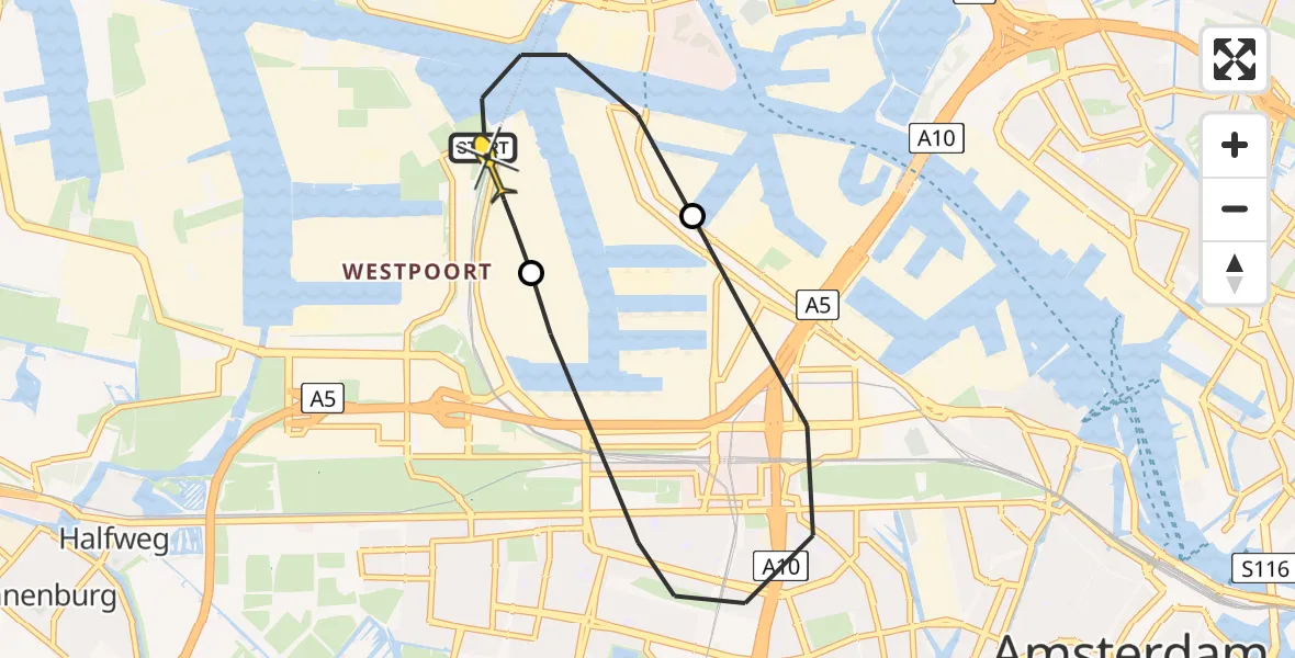 Routekaart van de vlucht: Lifeliner 1 naar Amsterdam Heliport, Grote Tocht